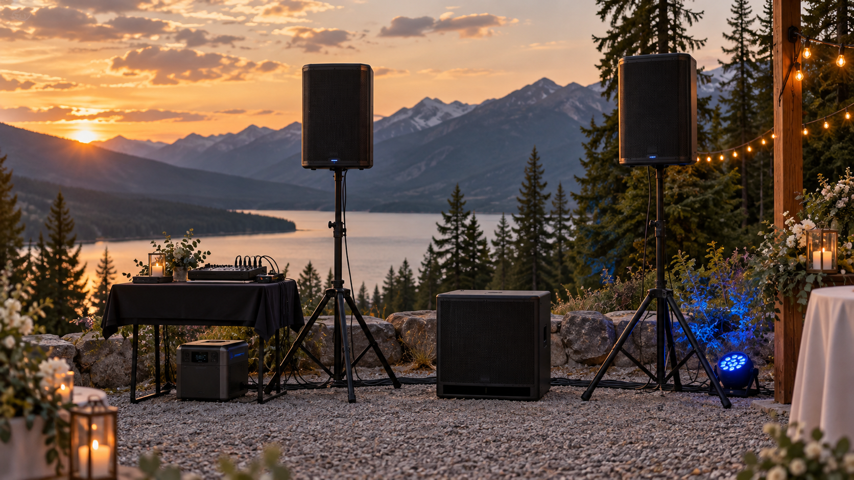 Illustrated outdoor sound setup with two speakers on tripod stands and one central subwoofer